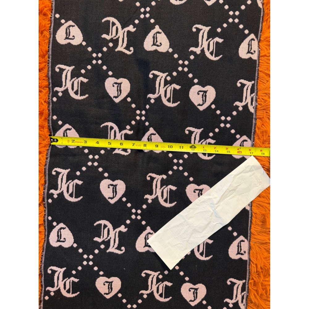 Juicy Couture Reversible Monogram Heart Knit Scarf Black Pink Gothic Logo Fringe - Picture 4 of 5